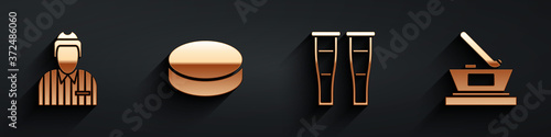 Set Hockey judge, referee, arbiter, Hockey puck, Crutch or crutches and Ice hockey cup champion icon with long shadow. Vector.
