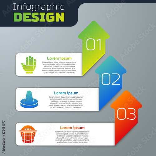 Set Hockey glove, Mallet for playing air hockey and Hockey helmet. Business infographic template. Vector.