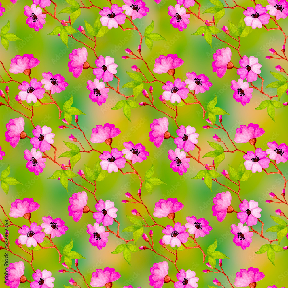 Seamless watercolor pattern of branches of apple, sakura with leaves and flowers. Seamless watercolor pattern of branches of apple, sakura with leaves and flowers.