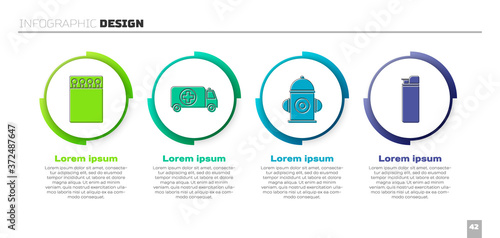 Set Open matchbox and matches, Ambulance and emergency car, Fire hydrant and Lighter. Business infographic template. Vector.