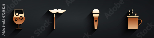 Set Cocktail and alcohol drink, Paper mustache on stick, Karaoke microphone and Mulled wine icon with long shadow. Vector.