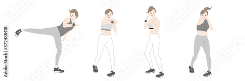 ボクシングエクササイズをする女性のベクターイラストレーションのセット