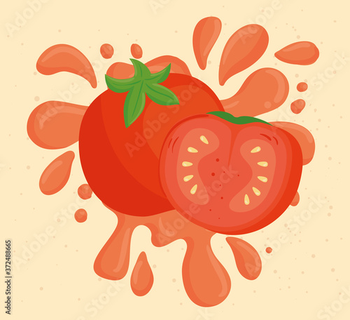 fresh tomato vegetable on juice splash vector illustration design