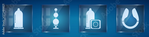 Set Condom, Anal beads, Condom and Dildo vibrator. Square glass panels. Vector.