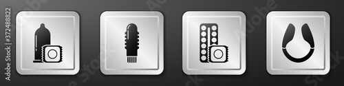 Set Condom, Dildo vibrator, Birth control pills and condom and Dildo vibrator icon. Silver square button. Vector.
