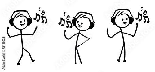Listen to music. Kids playing running, jumping Happy smile stickman emoji icons Funny comic walk stick figures man, woman Vector emotions sign drawing Talking cartoon person jump, walking and play