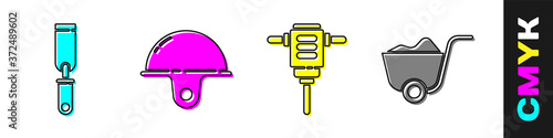 Set Rasp metal file, Worker safety helmet, Electric rotary hammer drill and Shovel icon. Vector.