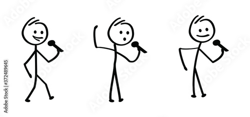 Karaoke, microphone. Kids playing running, jumping Happy smile stickman emoji icons Funny comic walk stick figures man, woman Vector emotions sign drawing Talking cartoon person jump, walking and play