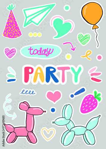 Birthday party hand-drawn stickers set