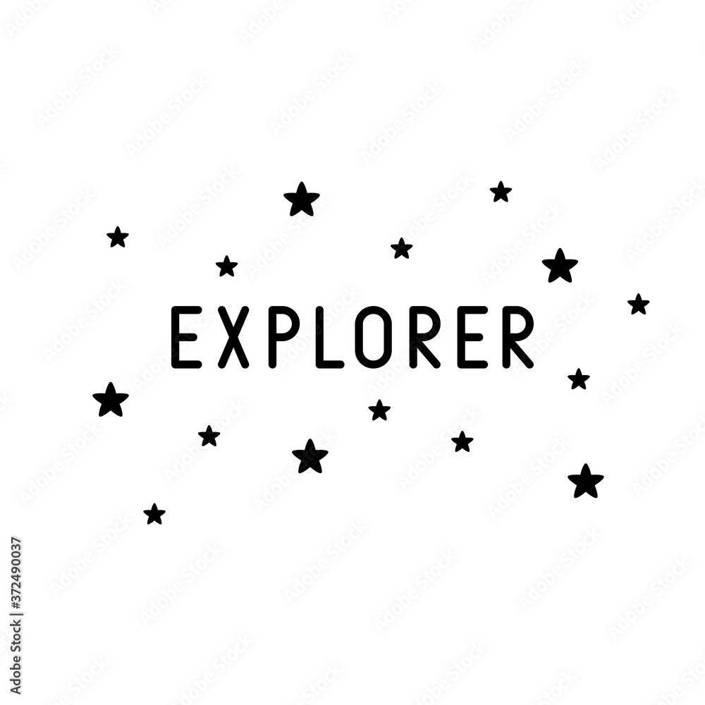 Explorer lettering with stars. Black graphic simple illustration. T shirt print for adults, mug, card. Minimalistic design of text in galaxy, cosmos. Flat isolated vector image on white background