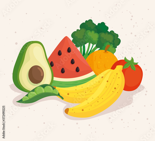 healthy food, fresh vegetables and fruits vector illustration design