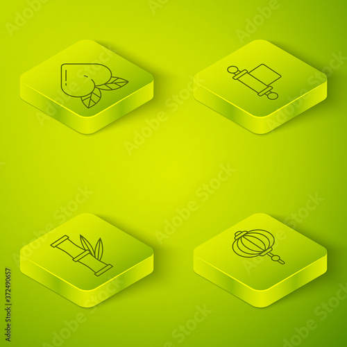 Set Isometric Decree, paper, parchment, scroll, Bamboo, Chinese paper lantern and Peach fruit icon. Vector.