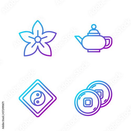 Set line Chinese Yuan currency, Yin Yang, Lotus flower and Chinese tea ceremony. Gradient color icons. Vector.