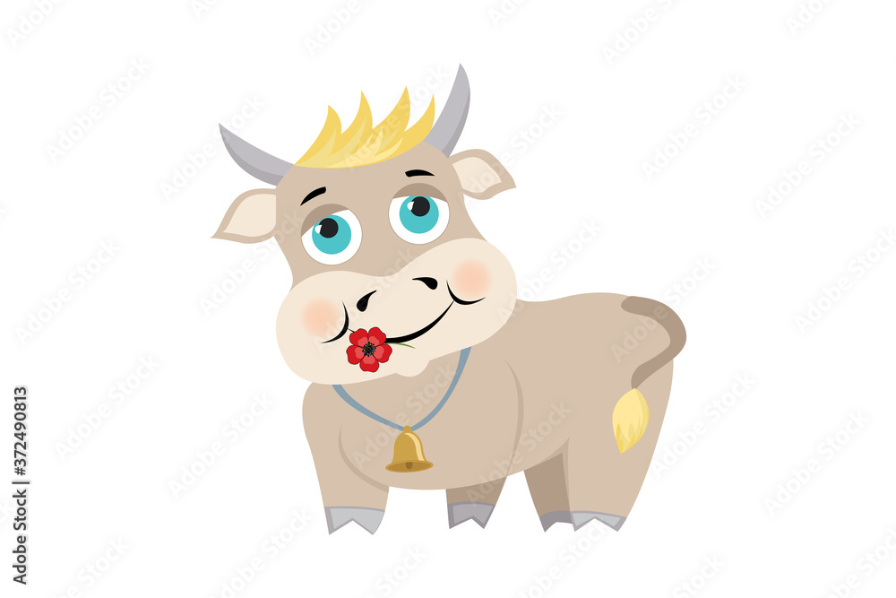 Cute cartoon bull with flower and bell, blond with blue eyes. Childish illustration for the poster, tee shirt, pillow, home decor, apparel, banner.