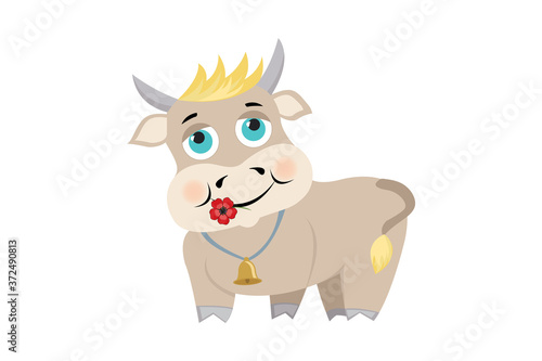 Cute cartoon bull with flower and bell, blond with blue eyes. Childish illustration for the poster, tee shirt, pillow, home decor, apparel, banner.