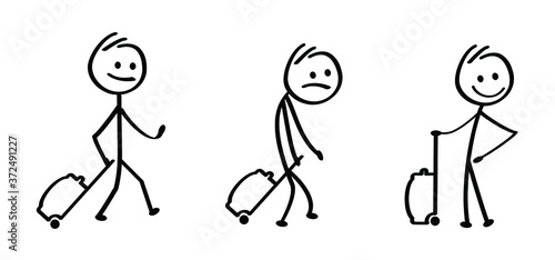 Travel, holiday, vacation. Kids playing running, jumping Happy smile stickman emoji icons Comic walk stick figures man, woman Vector emotions sign drawing Talking cartoon person jump, walking and play