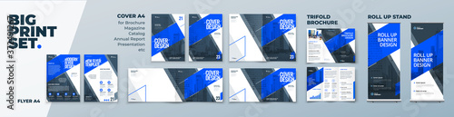 Corporate Identity Print Template Set of Brochure cover, flyer, tri fold, report, catalog, roll up banner. Branding design in Blue colors. Business stationery background design collection.