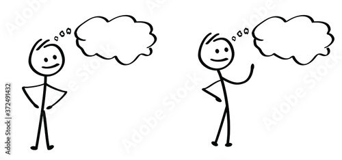 Think, speech bubble. Kids playing running, jumping Happy smile stickman emoji icons Comic walk stick figures man, woman Vector emotions sign drawing Talking cartoon person jump, walking and play