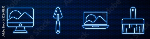 Set line Laptop, Computer monitor screen, Palette knife, Paint brush and Pencil sharpener. Glowing neon icon on brick wall. Vector.