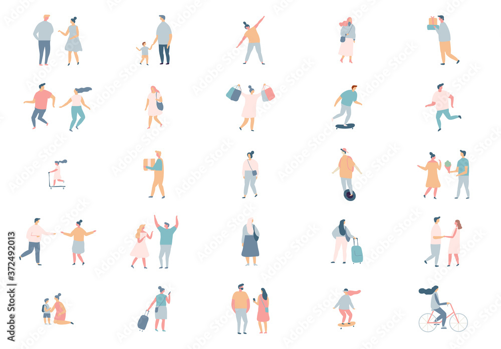 Flat vector people set. Outdoor activity. City life. Simple design cartoon people isolated on white background
