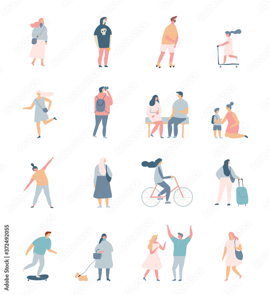 Flat vector people set. Outdoor activity. City life. Simple design cartoon people isolated on white background Flat vector people set. Outdoor activity. City life. Simple design cartoon people isolated on white background