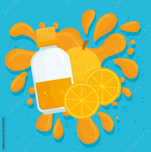 oranges fruits with bottle on juice splash vector illustration design