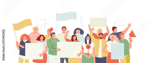 Protesting people with posters and banners. Strike, mass action vector illustration