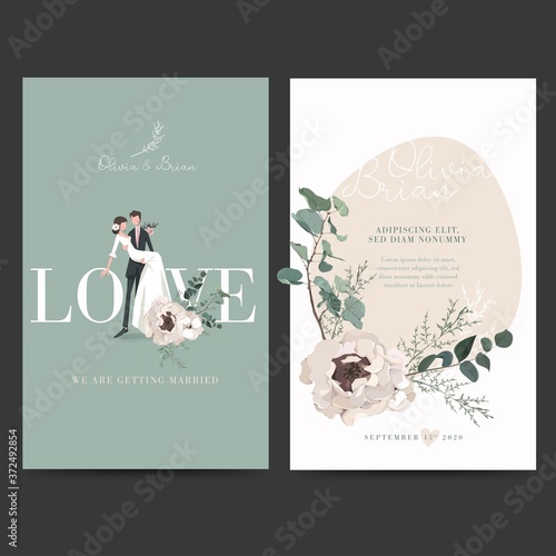 Wedding invitation design. Drawing bride and groom character, illustration, vector. Celebration, event, invitation, wedding dress, groom, romantic, pastel tones. Bridal flower bouquet, leave.