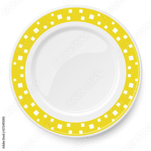 Yellow vector plate with white pattern of square elements of different sizes placed chaotically, isolated on white background