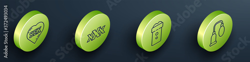 Set Isometric Heart with text Sex, Sex shop, Vagina masturbator and Penis pump icon. Vector.