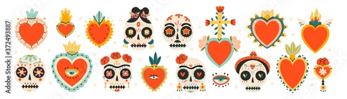 Various Sacred Hearts and sculls. Set of Traditional Mexican hearts and Sugar Sculls. Mexican Day of the Dead. Hand drawn colored trendy Vector illustrations. All elements are isolated