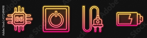 Set line Electric plug, Processor with microcircuits CPU, Electric light switch and Battery charge level indicator. Glowing neon icon. Vector.