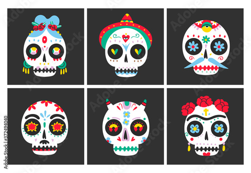 Set of six Sugar Sculls. Fancy skeleton heads. Various ornaments. Hand Drawn Vector illustration. Mexican Day of the Dead. Dia de los muertos. Halloween decoration. All elements are isolated