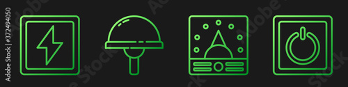 Set line Ampere meter, multimeter, voltmeter, Lightning bolt, Light emitting diode and Electric light switch. Gradient color icons. Vector.