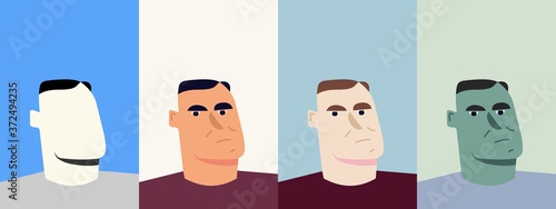 Middle aged man faces. Colored set and silhouette. Avatar. Vector Flat Illustration.