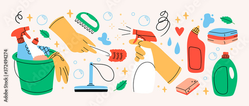 Bucket with cleaning supplies, bottles, spray, sponge, brush, gloves. Various Cleaning items. Housework concept. Hand drawn Vector illustrations. All elements are isolated