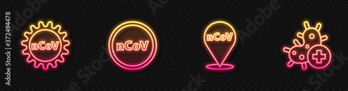 Set line Corona virus 2019-nCoV on location, , and Positive. Glowing neon icon. Vector.