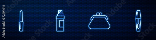 Set line Clutch bag, Nail file, Perfume and Mascara brush. Glowing neon icon on brick wall. Vector.