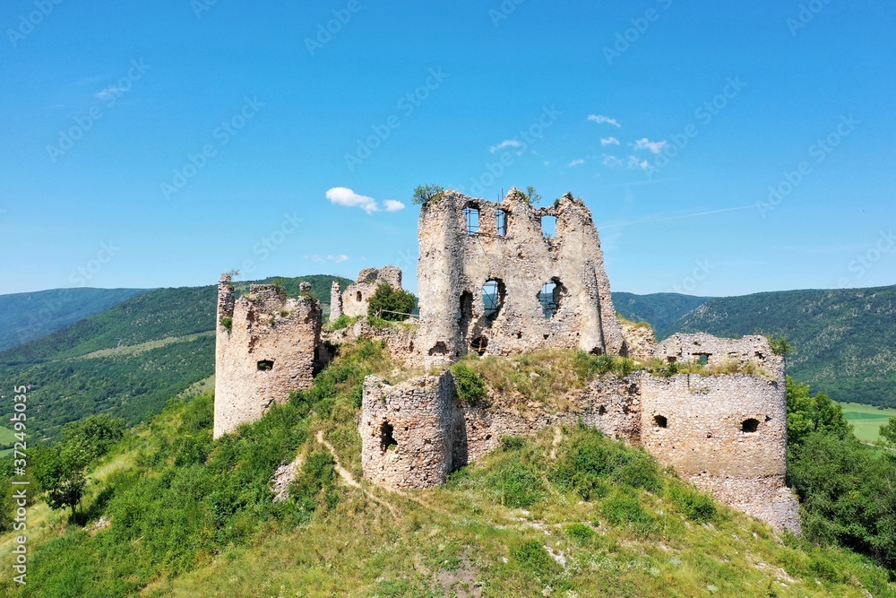 Aerial view of castle in Turna nad Bodvou village in Slovakia