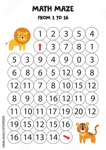 Math game with cute lion and tiger.