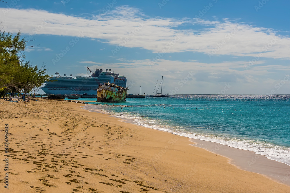 A view along Governors beach towards a shipwreck on Grand Turk A view along Governors beach towards a shipwreck on Grand Turk