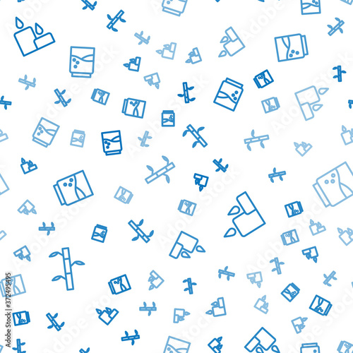Set line Bamboo stems with leaves, Burning candle and Glass water on seamless pattern. Vector.