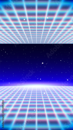 Retro neon background with 80s styled laser grid and stars