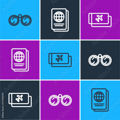 Set line Binoculars, Airline ticket and Passport icon. Vector.