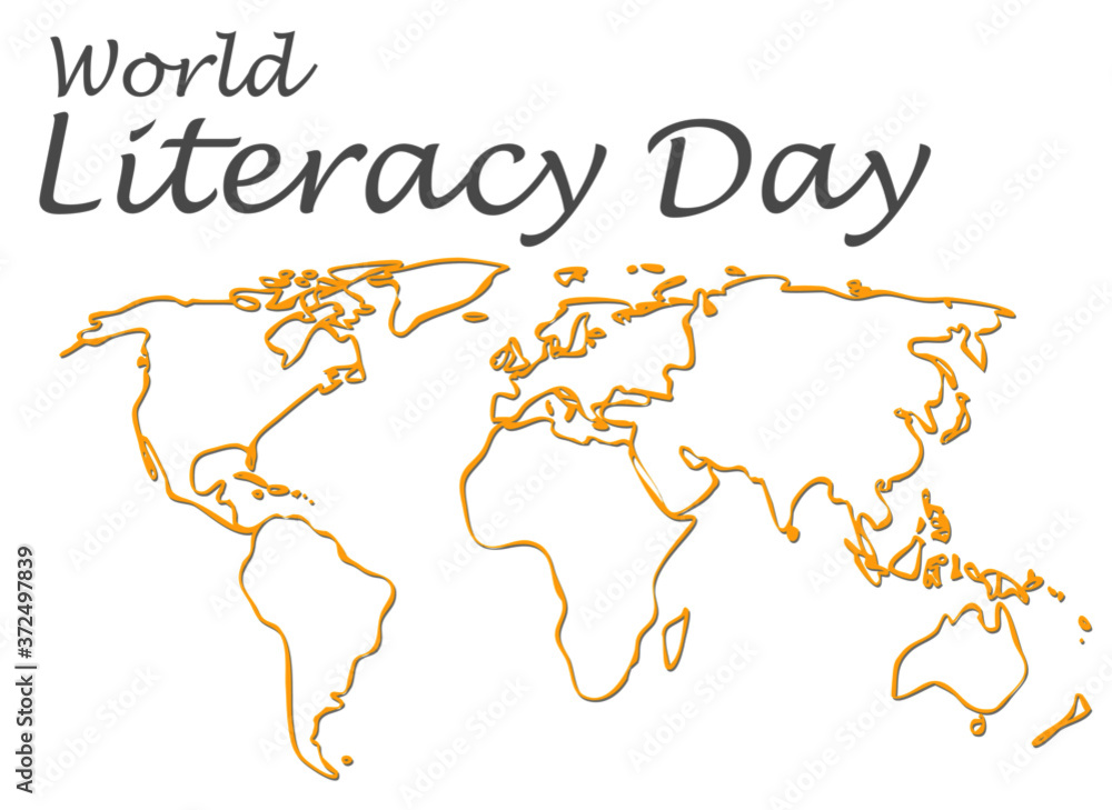 hand drawn world map with text world literacy day.vector illustration.