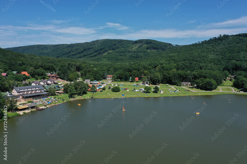 Aerial view of a lake in the village of Vinne in Slovakia