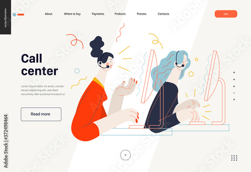 Business topics -call center, web template. Flat style modern outlined vector concept illustration. Two young women at the computers wearing headsets talking to the clients by phone. Business metaphor
