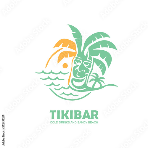 Tiki bar logo design with tiki mask on the beach. Emblem with island, palm tree, sea and sun in the background. Vector illustration.