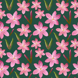 Floral seamless pattern made of flowers Acrilic painting with pink flower buds on green background. Botanical illustration for fabric and textile, packaging, wallpaper.