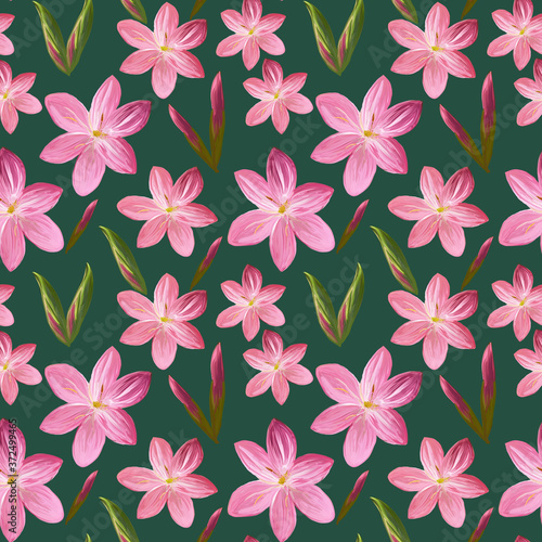 Floral seamless pattern made of flowers Acrilic painting with pink flower buds on green background. Botanical illustration for fabric and textile  packaging  wallpaper.
